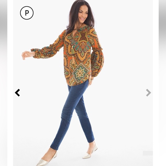 Chico's Womens Multicolor Paisley Blouse Sz 3/XL Medallion Print Bishop Sleeve - Picture 4 of 15